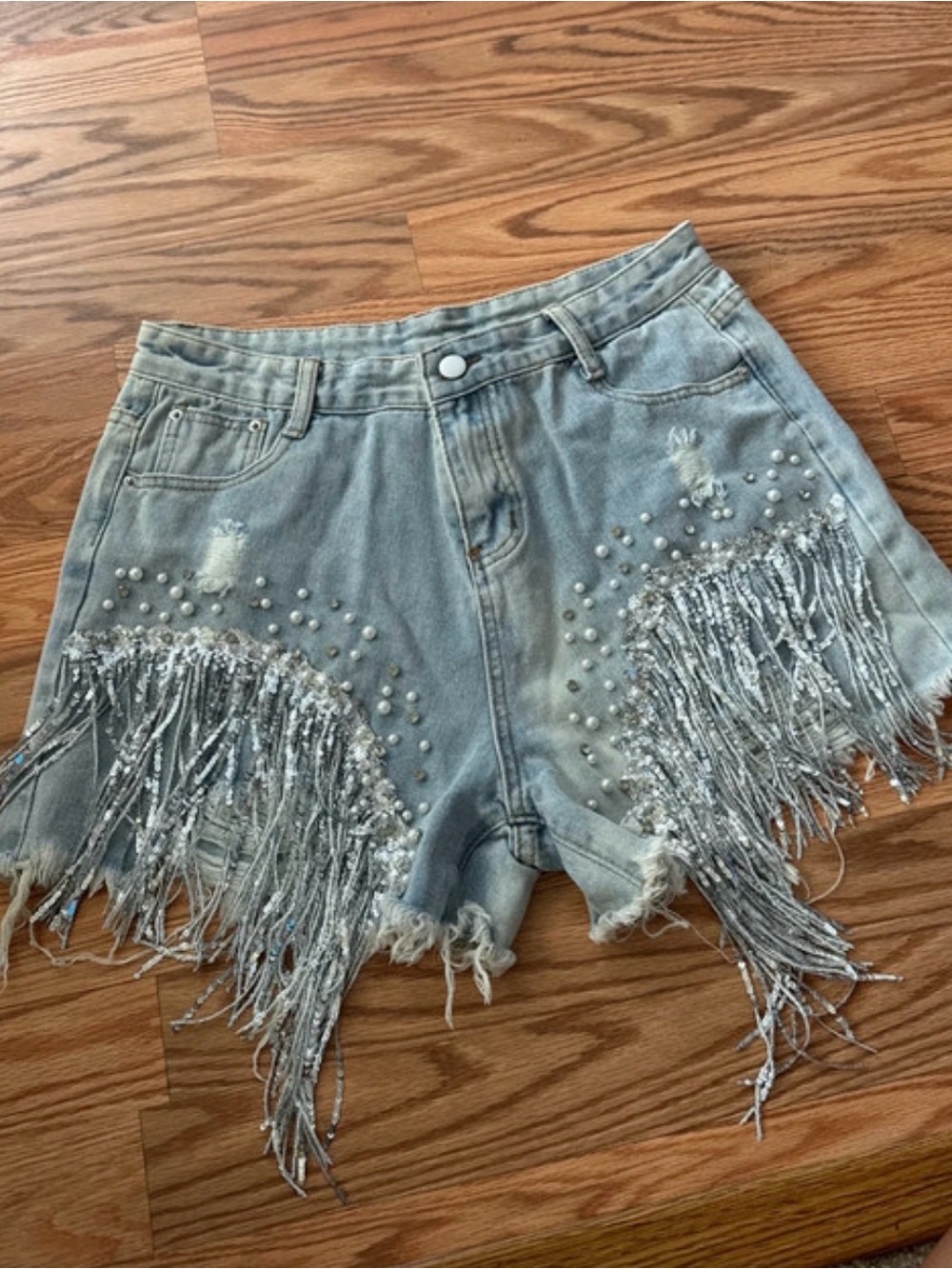 Embellished Light Blue Denim Fringe Shorts